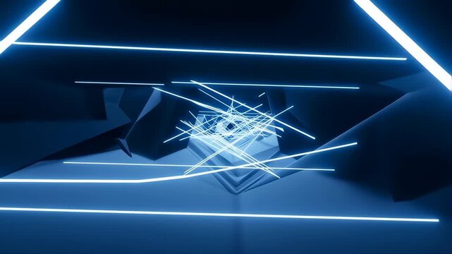 Tunnel with Moving White Light in a Reflective Blue Environment Featuring Futuristic, Abstract, Digital Art with Neon and Glowing Elements