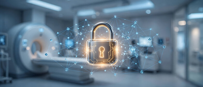 Secure medical imaging network protected by a glowing digital padlock in a clinical facility