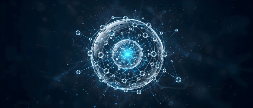 Abstract atomic sphere with interconnected particles and glowing energy core on dark background