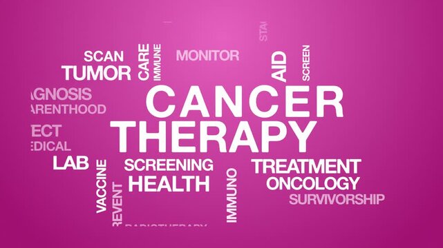 Cancer therapy concept Animated Tag Word Cloud kinetic typography, Text Design Animation typography seamless loop video motion graphics Intro Wordart arrangement pink background bg backdrop