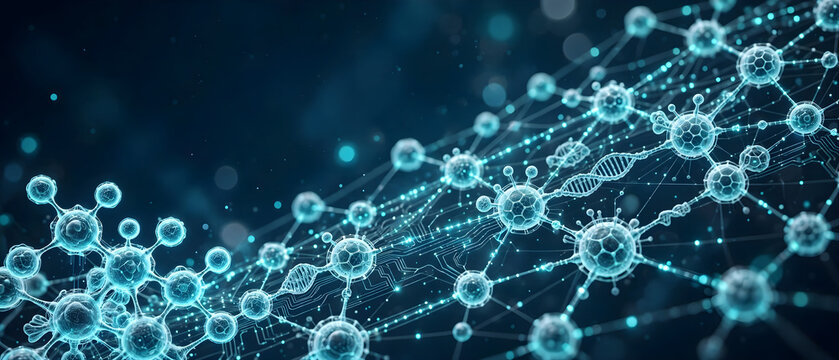 Digital molecular network with DNA strands and circuit pathways on a dark scientific background