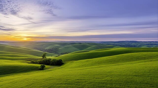Hills Bathed in Golden Light During a Serene Sunset Over a Vast Countryside Landscape Featuring Nature, Scenic, Peaceful with Green Fields