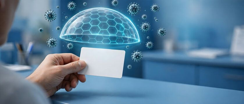 Hand holding a blank medical card beneath a protective dome blocking airborne virus particles