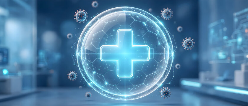Glowing medical cross inside a transparent protective sphere surrounded by virus particles