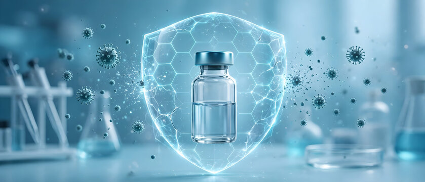 Medical vial protected by a transparent shield against surrounding virus particles in a laboratory