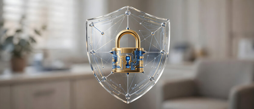 Gold digital padlock mounted on a transparent cybersecurity shield in a modern interior