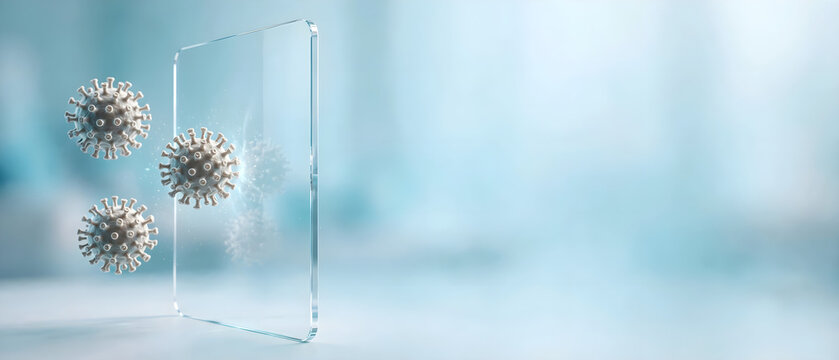 Transparent glass barrier intercepting airborne virus particles with clean blue copy space