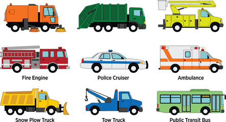 Flat Color Municipal and Emergency Service Vehicles Vector Icon Set Featuring Fire Engine Police Cruiser Ambulance Tow Truck Snow Plow and Public Transit Bus © Mst