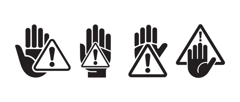 Warning hand icons. Stop sign symbols with exclamation marks. Safety alert vector graphic set design.