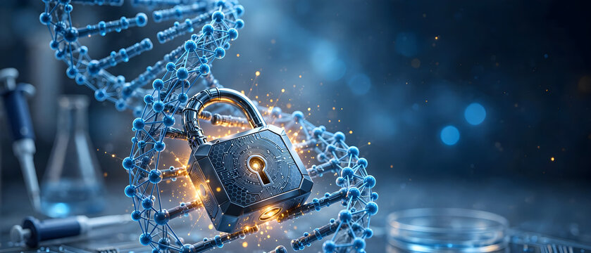 Metallic digital padlock securing a DNA double helix in a biotechnology laboratory with copy space