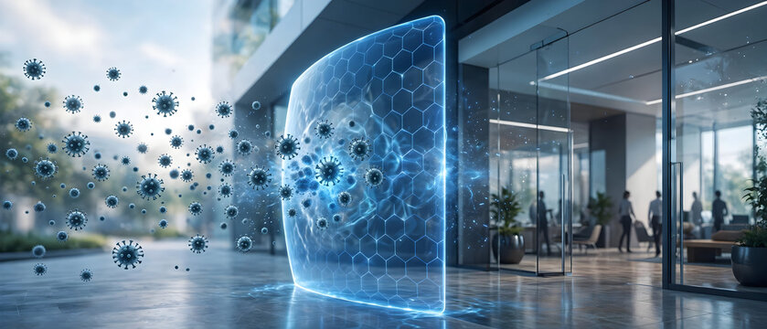 Glowing blue shield blocking airborne virus particles at the entrance of a modern office building