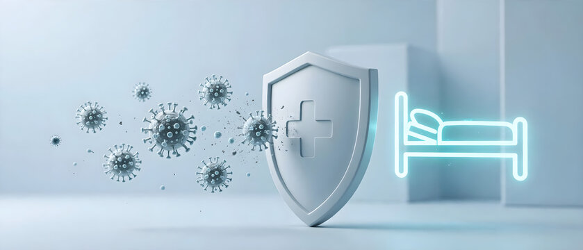 Medical shield with healthcare cross blocking virus particles beside a hospital bed symbol