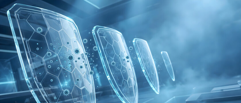 Layered transparent shields forming a protective barrier against floating virus particles