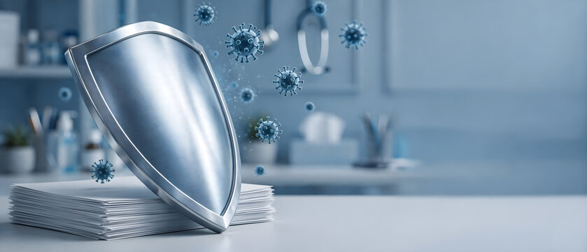 Metallic security shield protecting stacked documents from digital and biological threats
