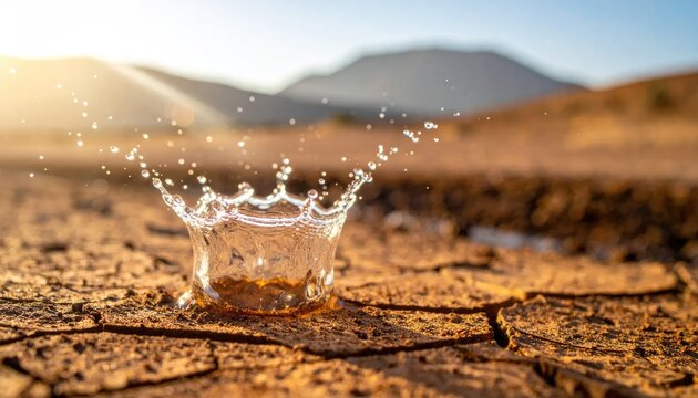 Clear water splash crown on dry cracked desert ground.