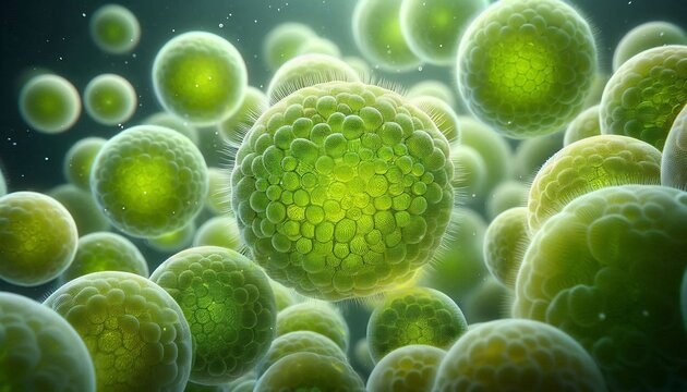Microscopic green algae cells floating in fluid