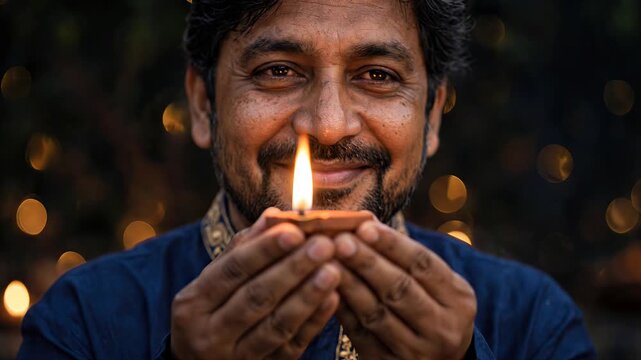 Smiling Indian man holding a lit diya oil lamp during Diwali festival of lights celebration, wearing traditional blue kurta with bokeh background.