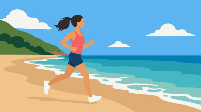 Athletic woman jogging running along sandy beach shoreline with ocean waves blue sky and clouds scenic coastal landscape flat vector illustration fitness exercise outdoor summer active lifestyle