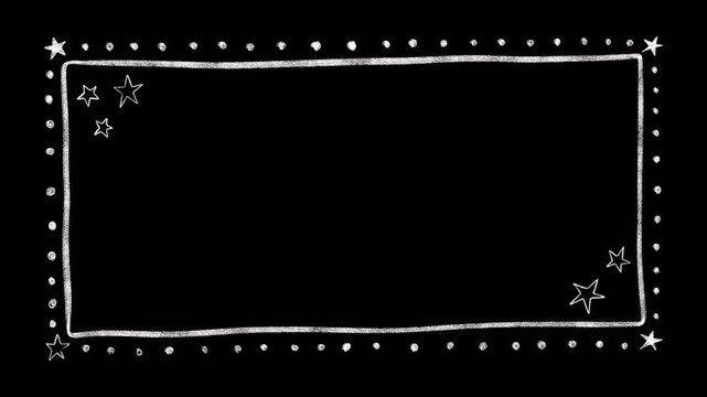 Hand-drawn white pencil rectangle frame with stars and dots animation, seamless loop alpha channel. Artistic white chalk texture frame overlay for titles, certificates, photo, or text presentation