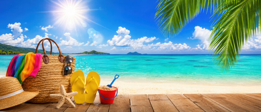 Tropical beach with sunbathing accessories, summer holiday background