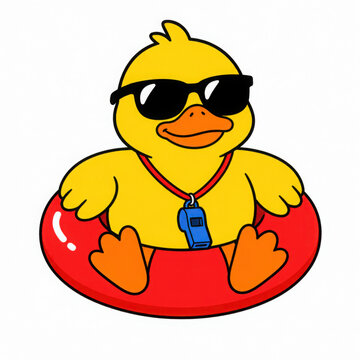 Cute cartoon duck wearing sunglasses and a lifeguard whistle in a red swimming ring