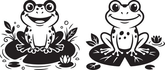 Naklejka premium Happy frog and lily pad silhouette vector graphic with white background graphic design silhouette amphibian isolated wildlife