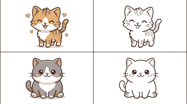 Two cute kittens in full color and line art versions.
