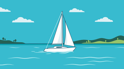 Naklejka premium Serene white sailboat gliding smoothly across calm turquoise sea under bright clear blue skies with distant green hills minimalist vector illustration perfect for travel and nautical themes