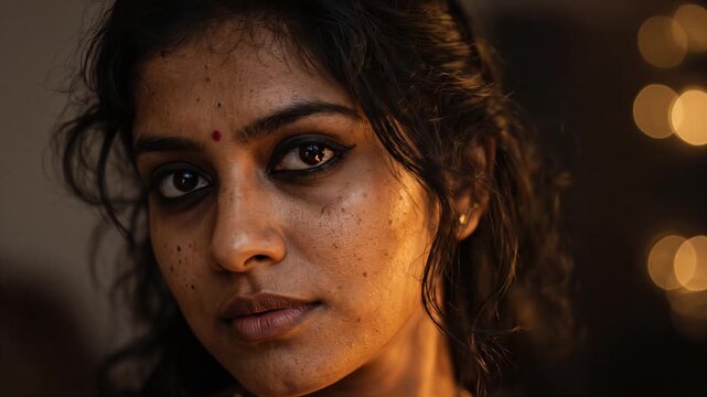 Serene portrait of a young Indian woman with bindi and freckles during Diwali Festival of Lights against golden bokeh.