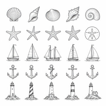 Nautical Line Art Collection Featuring Seashells Starfish Sailboats Anchors and Lighthouses