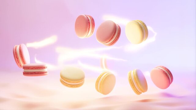Macarons Floating and Orbiting Around a Glowing Dessert Concept with Pastel Colors and Soft Light for Sweet Celebration Design