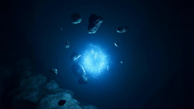Floating Magnetic Rock Fragments Orbiting a Central Light Source Underwater Featuring Deep, Sea, Ocean with Blue and Dark Elements for Mysterious