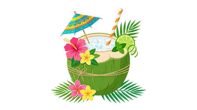Tropical Cocktail in Coconut with Bird and Flowers Top View Bright Composition