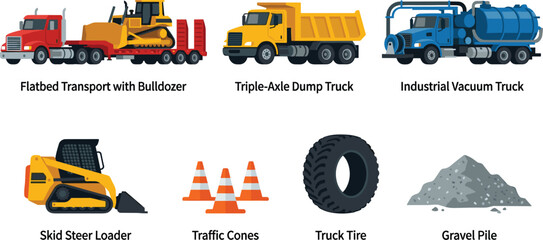 Flat Color Heavy Construction Machinery Vector Set Featuring Flatbed Semi Truck with Bulldozer Dump Truck Vacuum Truck Skid Steer Traffic Cones and Gravel Pile © Mostrenu