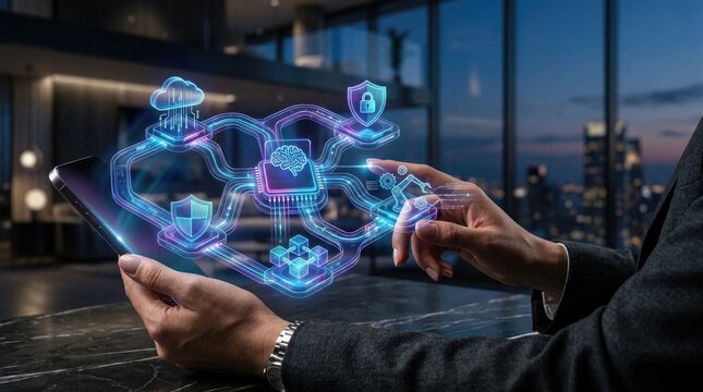 Businessman interacting with futuristic digital security interface on tablet