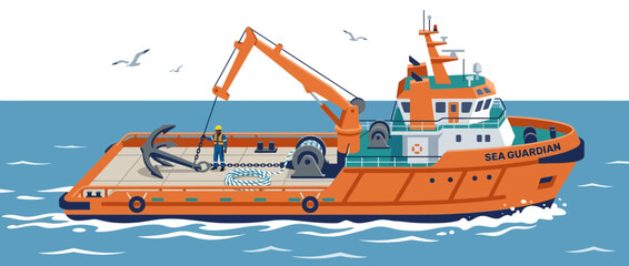 Fototapeta premium Orange Deck Ship with Crane and Anchor in Ocean