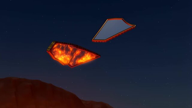 Floating Mirrors Rotating Above Volcanic Lava Field at Night with Starry Sky Featuring Reflective Surfaces, Futuristic Landscape, Sci-Fi Scene