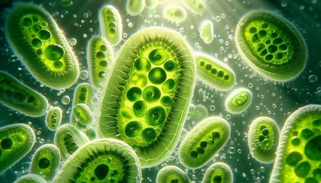 Microscopic green algae cells floating in liquid environment