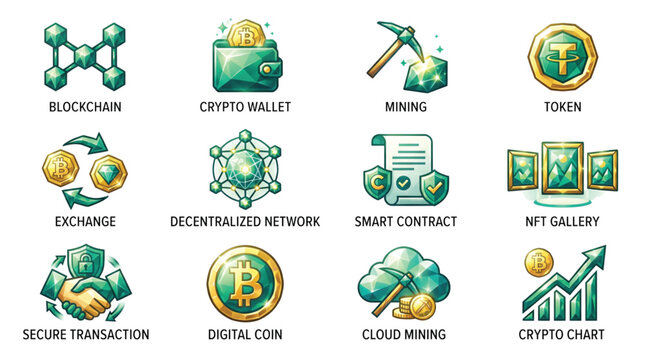 Cryptocurrency Icon Set &ndash; Crystal Polygon Vector Icons 