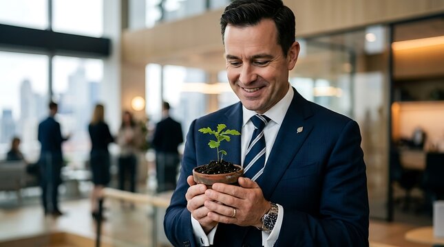 Man holding small plant in modern office