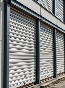 Close-up view of light grey roller shutters on modern building exterior. Metallic industrial doors are closed forming repetitive horizontal pattern. Textured concrete wall complements rigid structure.
