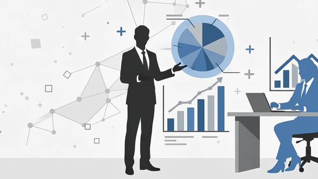 Businessman presenting financial growth charts and pie chart data analysis vector illustration.