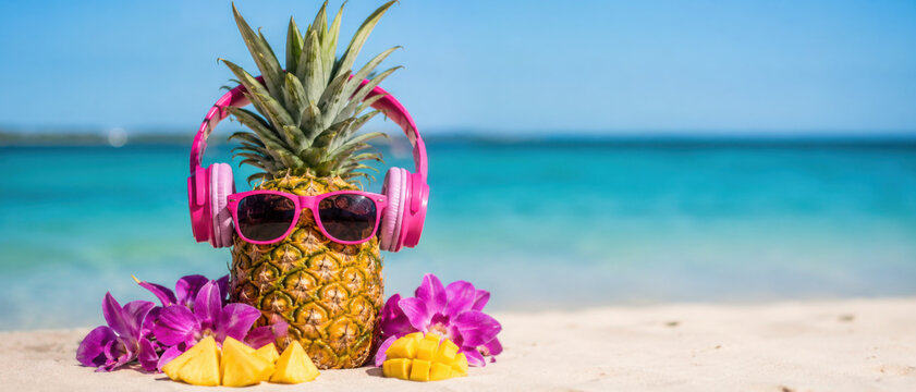 Pineapple with sunglasses and headphones sits on beach. Tropical summer vacation. Colorful flowers and fruits around it. Sunny day and turquoise sea. Relaxing summer vibe. Fun and creative image.