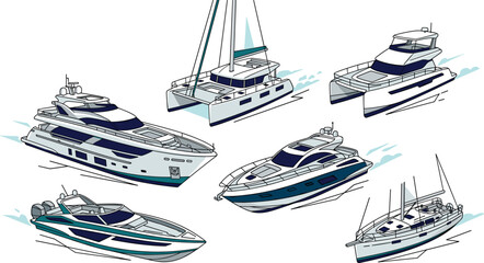Isometric Luxury Yacht and Catamaran Sailing Vessel Vector Set Featuring Modern Superyachts Powerboats and Cruising Sailboats for Nautical Tourism Designs © Fahim