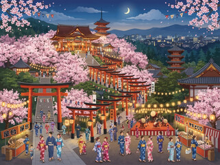 Obraz premium Vibrant Japanese festival at night with illuminated torii gates and cherry blossoms.