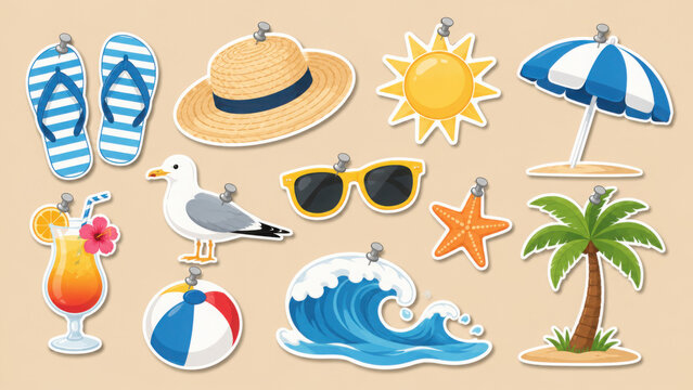 A collection of posters showcasing various beach and summer-related items such as umbrellas, palm trees, seagulls, and sunglasses.
