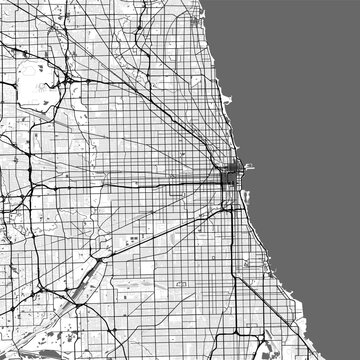 Minimal vector city map of Chicago with streets, parks and Lake Michigan shoreline