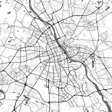 Minimal vector city map of Warsaw with streets, parks and Vistula River