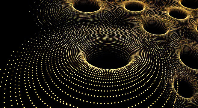 Abstract golden particles forming circular vortex patterns on a dark background