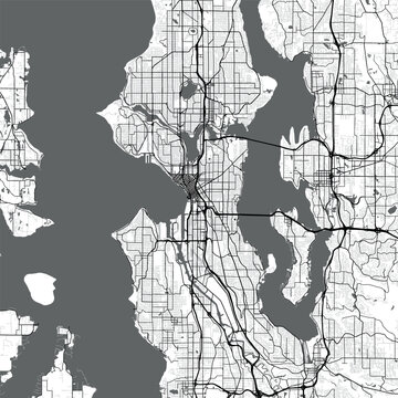 Minimal vector city map of Seattle with streets, parks and waterways